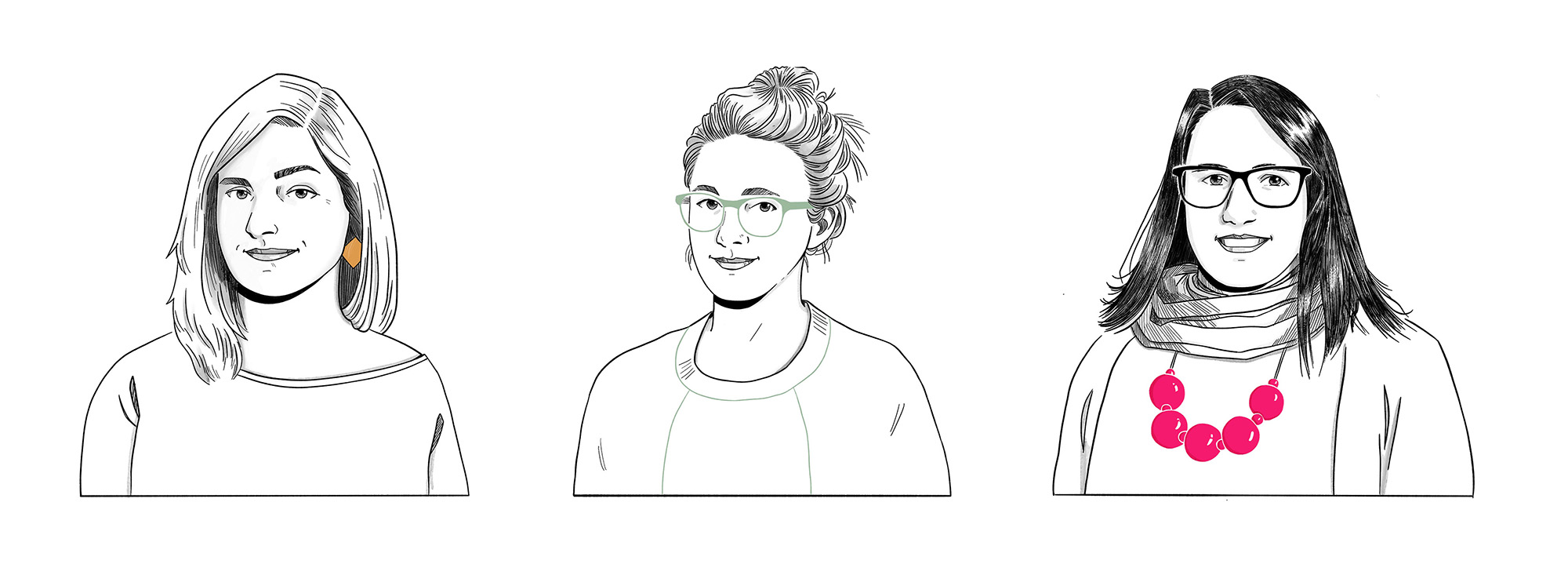 A set of three black and white portraits drawn in comic style.