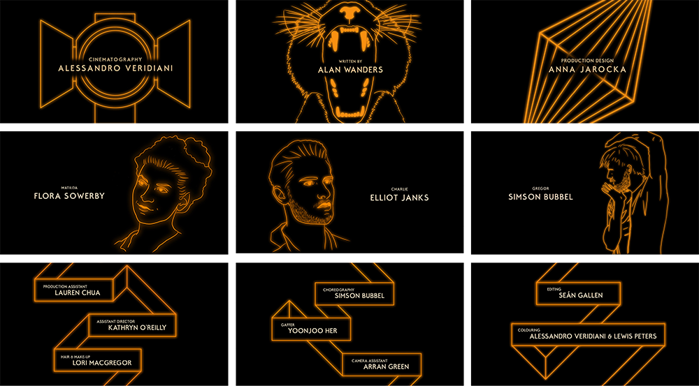 A set of nine screenshot showing titles for a short film Gimp Tiger
