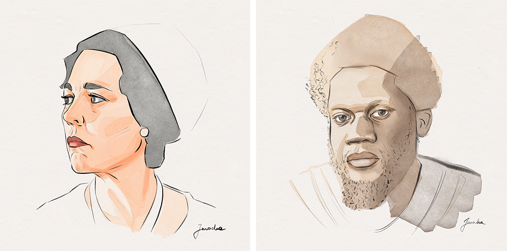 Illustration portraits of Olivia Coleman and Michael Kiwanuka, made digitally with pencils and watercolours.